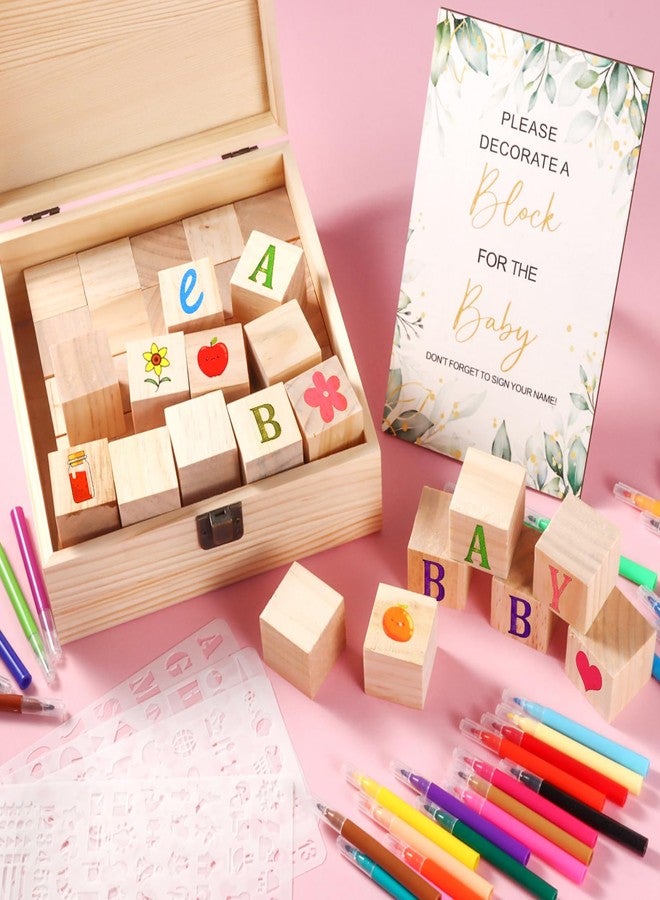 Draupnir 92 Pcs Fun Baby Shower Games Sign Kit Babies Coloring Blocks for Baby Shower, Wooden DIY Blank Blocks Freehand Painting with 36 Paint Markers - Image 2